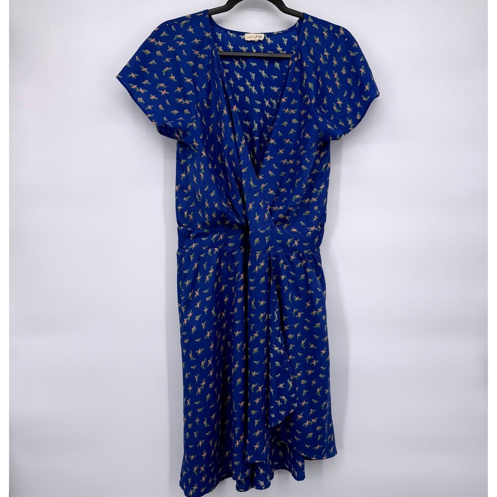 Maison Jules Bird Print Wrap Dress Women Medium Blue Short Sleeve V-Neck Casual
